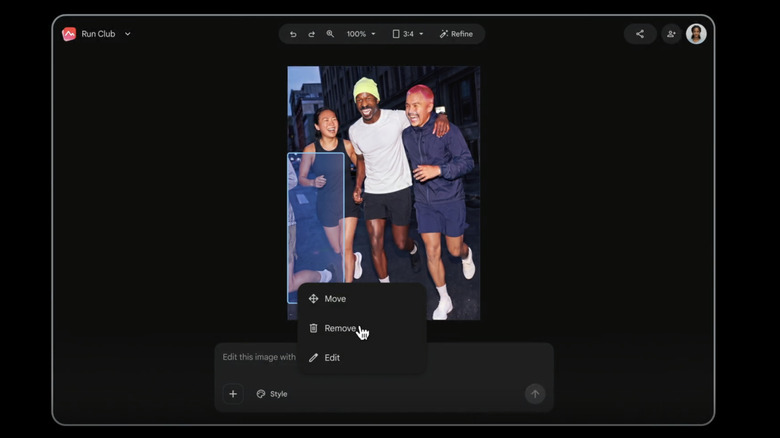 Google Pics editing features, showing a group of runners and the ability to remove objects.