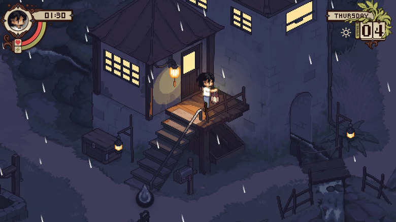 A pixelart character holds a lamp during a rainy night.