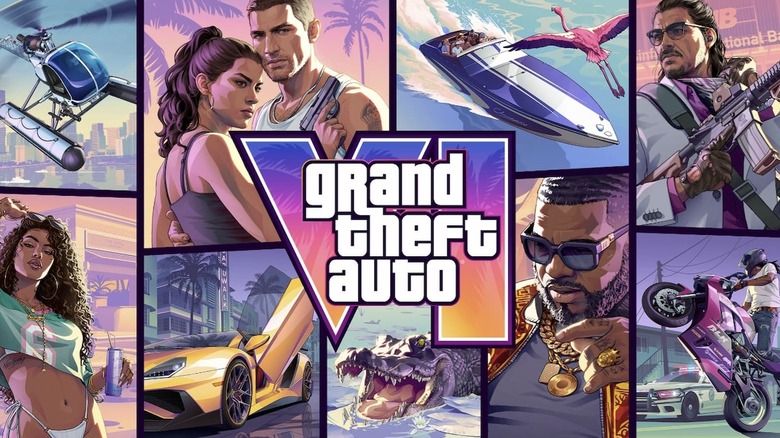 The cover of Grand Theft Auto VI, which shows a series of stylized images depicting characters, weapons, vehicles and animals
