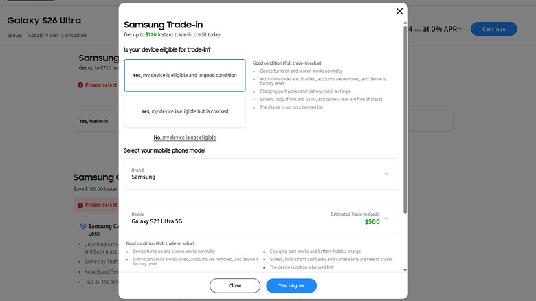 Samsung Trade-in webpage showing the value of a used Samsung Galaxy S23 Ultra 5G at $500.