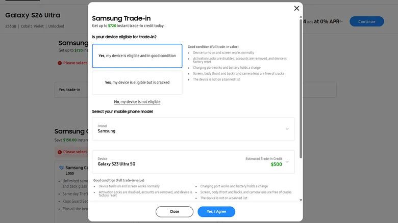 Samsung Trade-in webpage showing the value of a used Samsung Galaxy S23 Ultra 5G at $500.