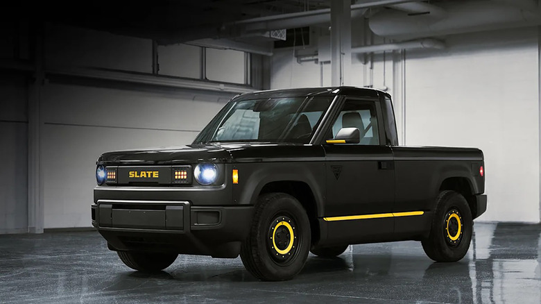 The Slate electric truck, sitting in a garage