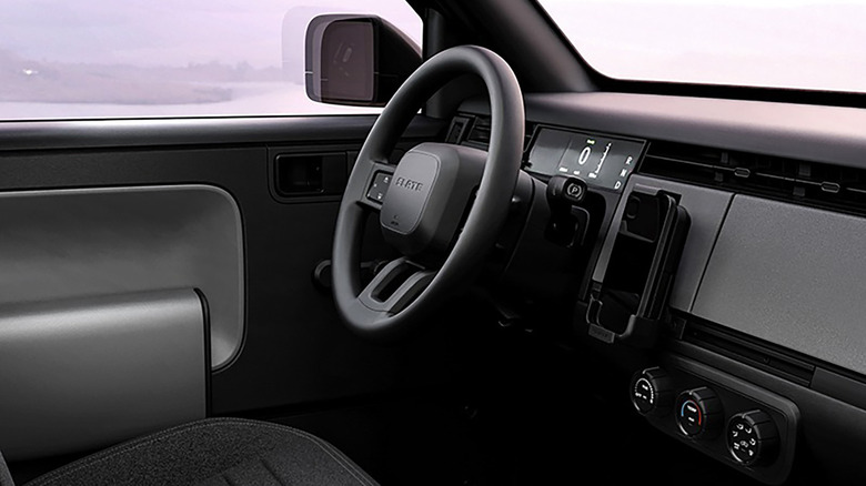 Interior of the Slate truck, view from passenger's seat looking toward the steering wheel and left dash