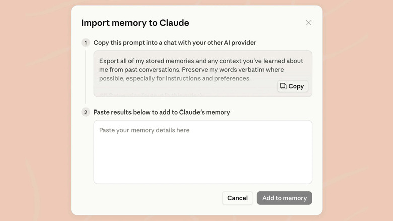 Screnshot of Claude's chat memory import tool