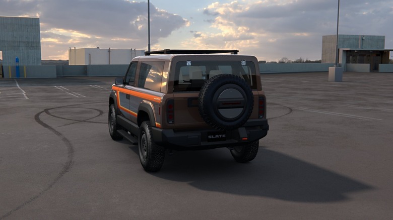 Rear view of a brown Slate SUV with '70s-style orange stripes