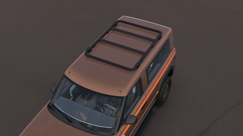 Top-down view of a brown Slate SUV with '70s-style orange stripes