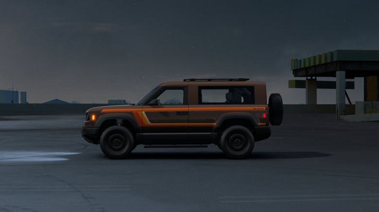 Side view of a brown Slate SUV with '70s-style orange stripes