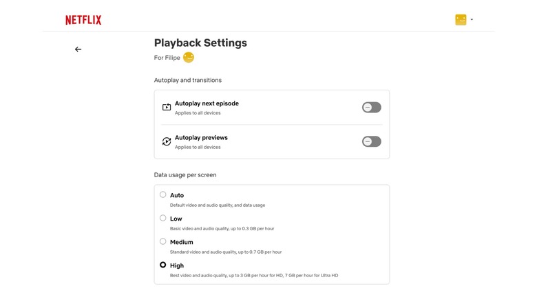 Netflix playback and video quality settings.