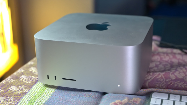 Apple's Mac Studio M5 Ultra computer shown from the front.