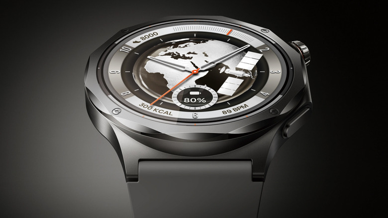 Marketing image of the Oppo Watch X3. Closeup from slightly below with dramatic lighting.