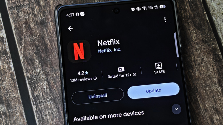The Netflix app on the Google Play Store, showing options to update or uninstall.
