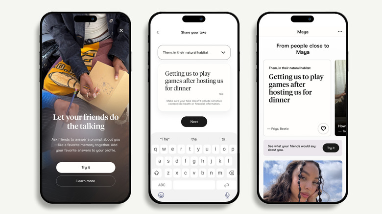 Screenshots showing a Hinge feature that allows users to add testimonials from friends to their profiles.