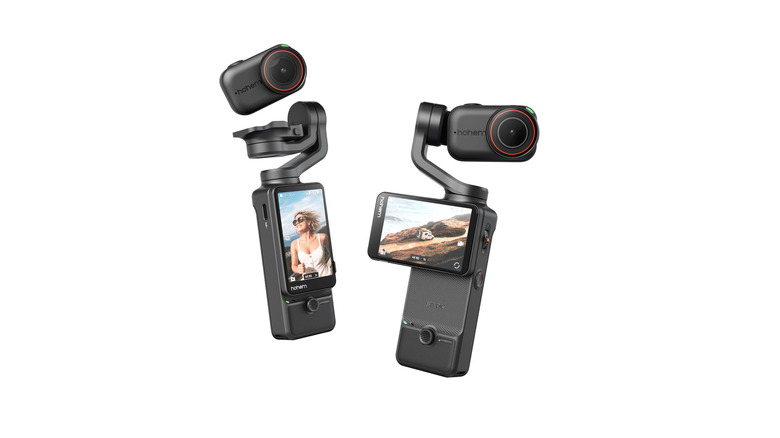 Hohem's EyePic gimbal camera, shown with camera attached and detached.