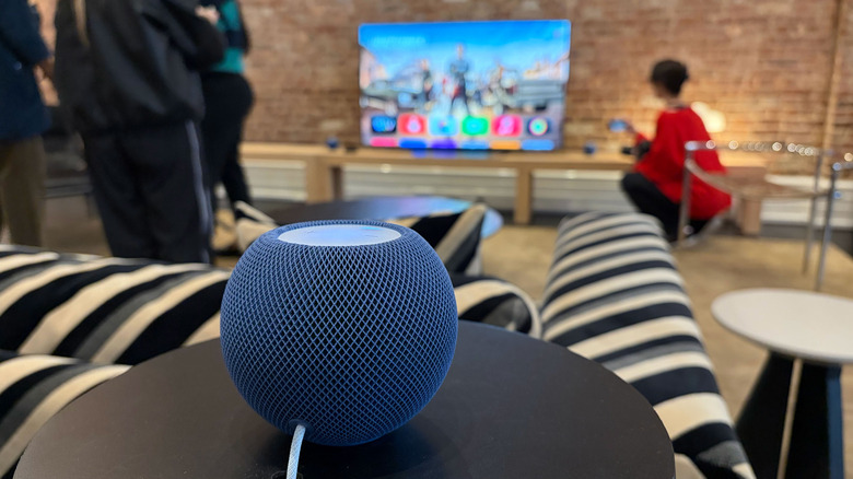 A HomePod mini 2 facing a TV with an Apple TV 4K.