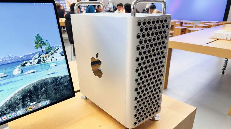 An Apple Mac Pro on display at an Apple store.