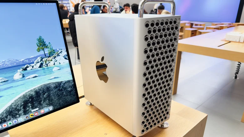 An Apple Mac Pro on display at an Apple store.