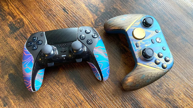 A DualSense Edge controller next to an Xbox GameSir G7 Pro controller.