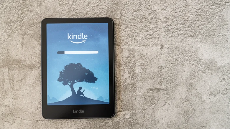 A colored Kindle screen on a carpet, showing the boot screen with a child under a tree.