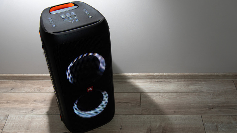 JBL Partybox speaker on the floor.