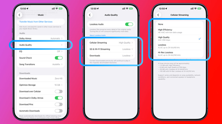 Three iPhone screenshots showing how to open Apple Music Audio Quality settings and choose a cellular streaming quality, including High Quality, Lossless and Hi-Res Lossless.