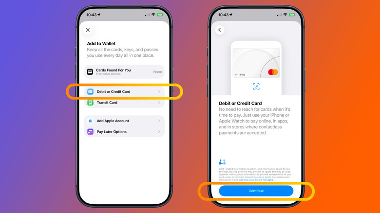Two iPhone screens showing the Apple Wallet setup process, with Debit or Credit Card and the Continue button highlighted.