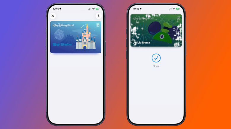 Two iPhone screens showing a Walt Disney World card being added to Apple Wallet and the confirmation screen after it is added.