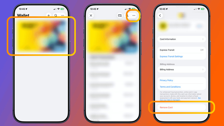 Three iPhone screens showing an Apple Wallet card, its three-dot menu and the card settings page with Remove Card highlighted.