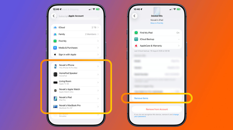 Two iPhone screens showing the Apple Account device list and a device information page with the Remove Items option highlighted.