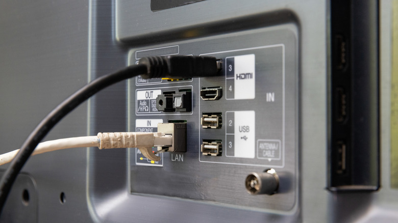 Audio inputs and outputs on the back of a TV.