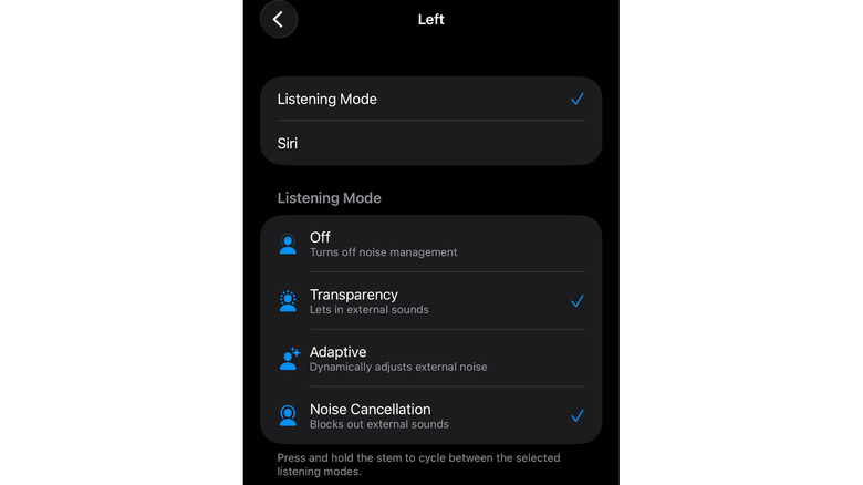 A screenshot of Listening Mode settings.