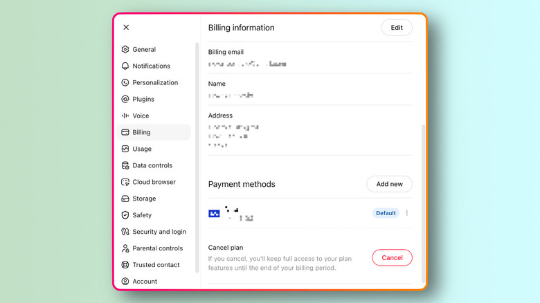 ChatGPT's Billing settings showing billing information, a saved payment method and the option to cancel a paid plan.