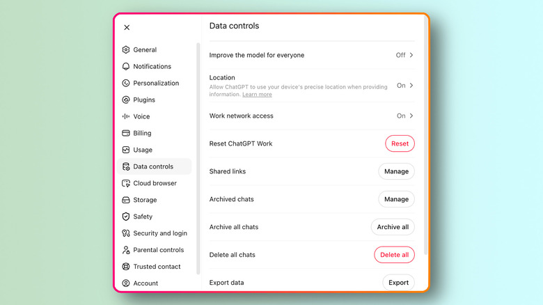 ChatGPT's Data Controls settings showing the "Improve the model for everyone" option turned off, along with chat management and data export controls.