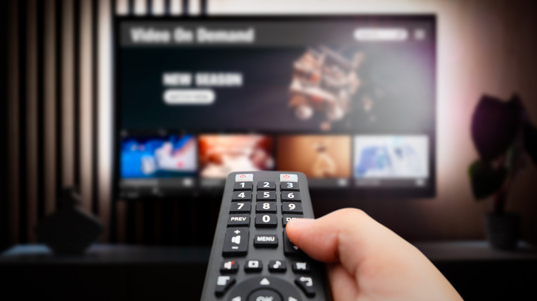 A hand holding a remote in the foreground with a TV blurred out in the background.