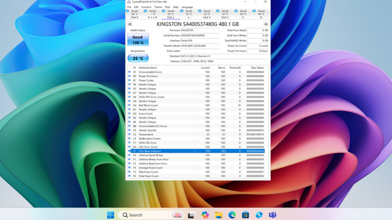 CrystalDiskInfo showing SMART health information for a storage drive.