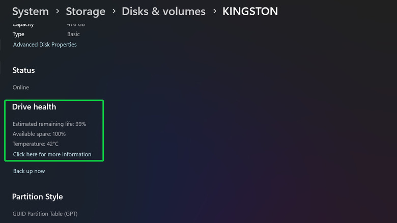 Windows 11 storage settings showing health information for an NVMe SSD.