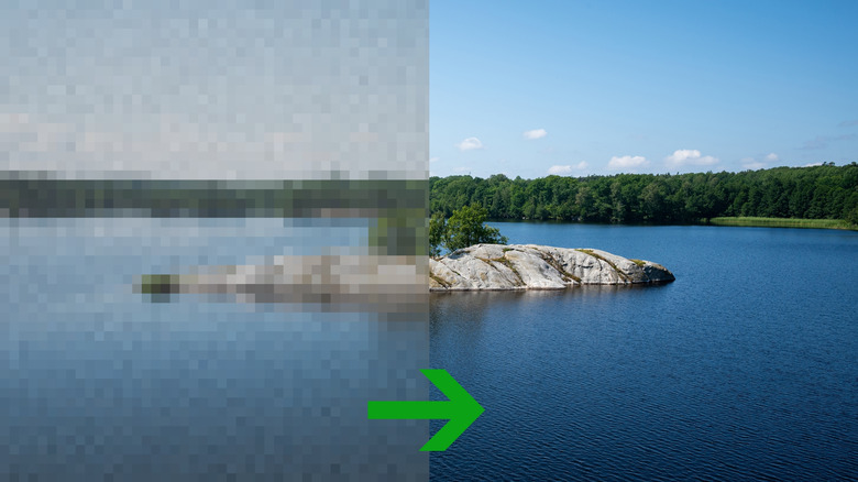 An example of image AI upscaling using an water scene with a rocky island.