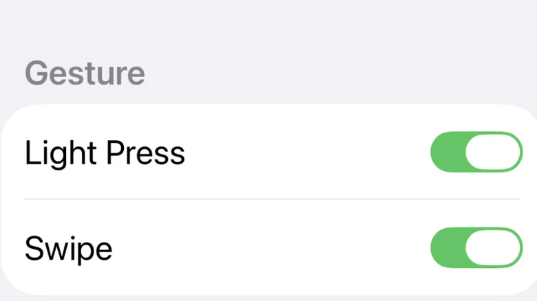 The Setting pane to control gestures on Camera Control button shows light press and swipe.