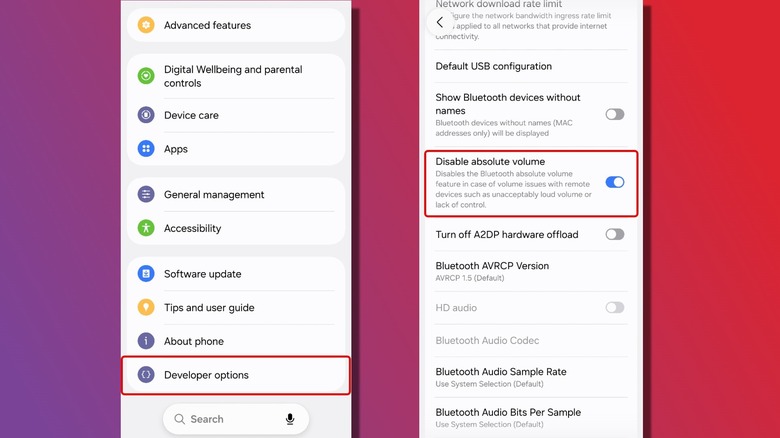 Android screenshots indicating how to disable absolute volume.