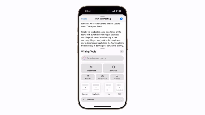 An iPhone with Writing Tools showing beneath a body of text.