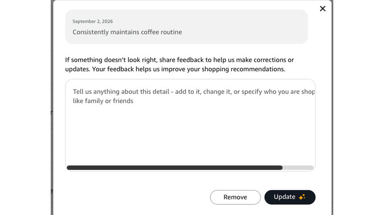 Screenshot of an Amazon About You edit box for the preference "Consistently maintains coffee routine"
