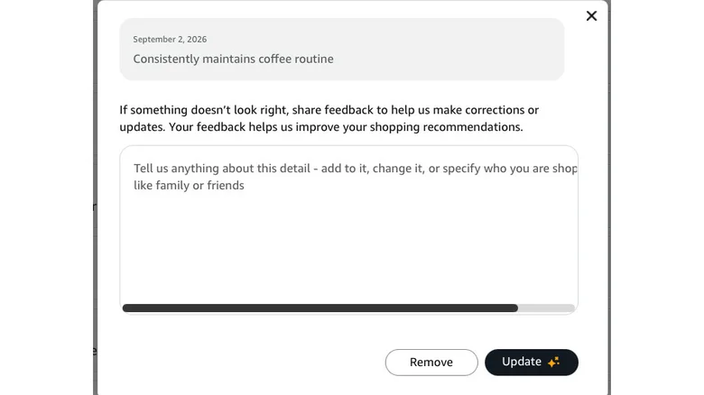 Screenshot of an Amazon About You edit box for the preference "Consistently maintains coffee routine"