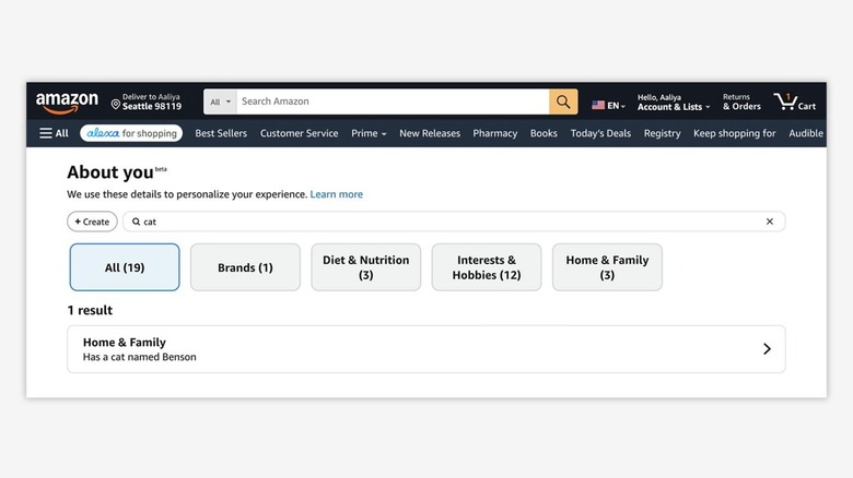 Screenshot of an Amazon About You page, revealing that the user Aaliya "has a cat named Benson"