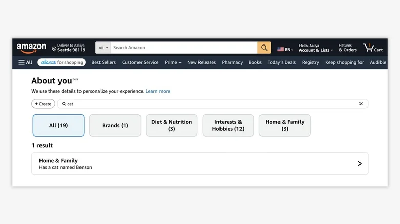 Screenshot of an Amazon About You page, revealing that the user Aaliya "has a cat named Benson"