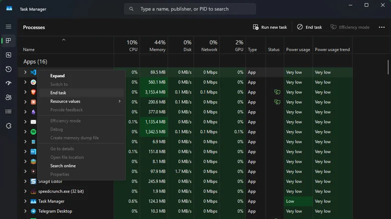 The Task Manager on Windows 11 showing the right-click menu for an app.