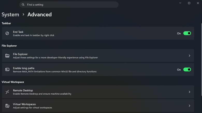 The Advanced page of System Settings on Windows 11.