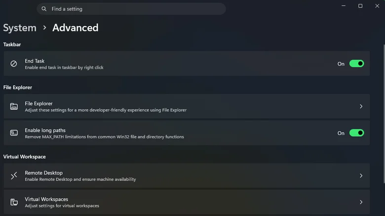 The Advanced page of System Settings on Windows 11.