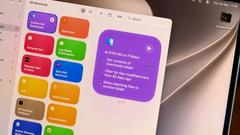 Apple's Shortcuts app on a Mac, showing a recently created shortcut to clean up the user's Downloads folder.