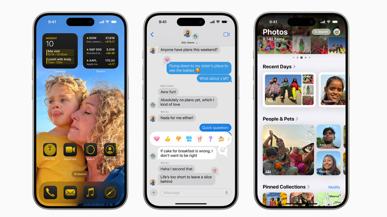 Three iPhones show featured Apple Intelligence tools promised in 2024.