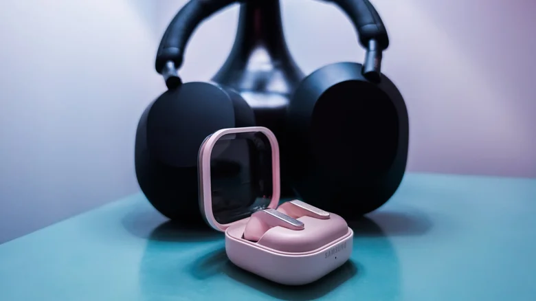 Samsung Galaxy Buds 4 Pro true wireless earbuds posed alongside Sony WH-1000XM5 wireless headphones.
