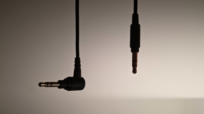 Both ends of a 3.5mm headphone cable.